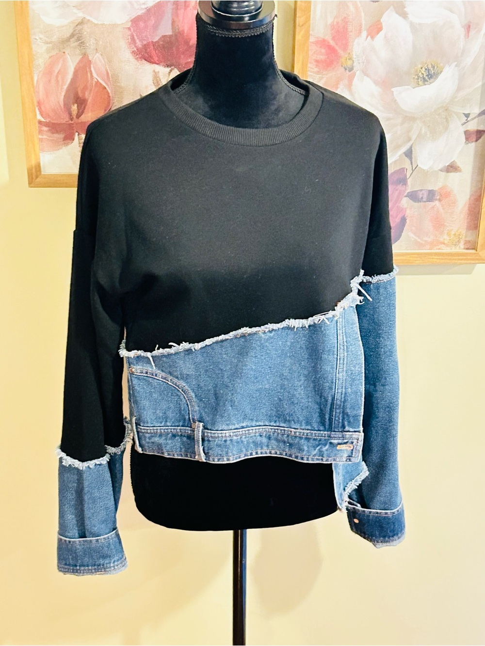 Black and Blue Mixed-Media Denim-Trim Crewneck Sweatshirt